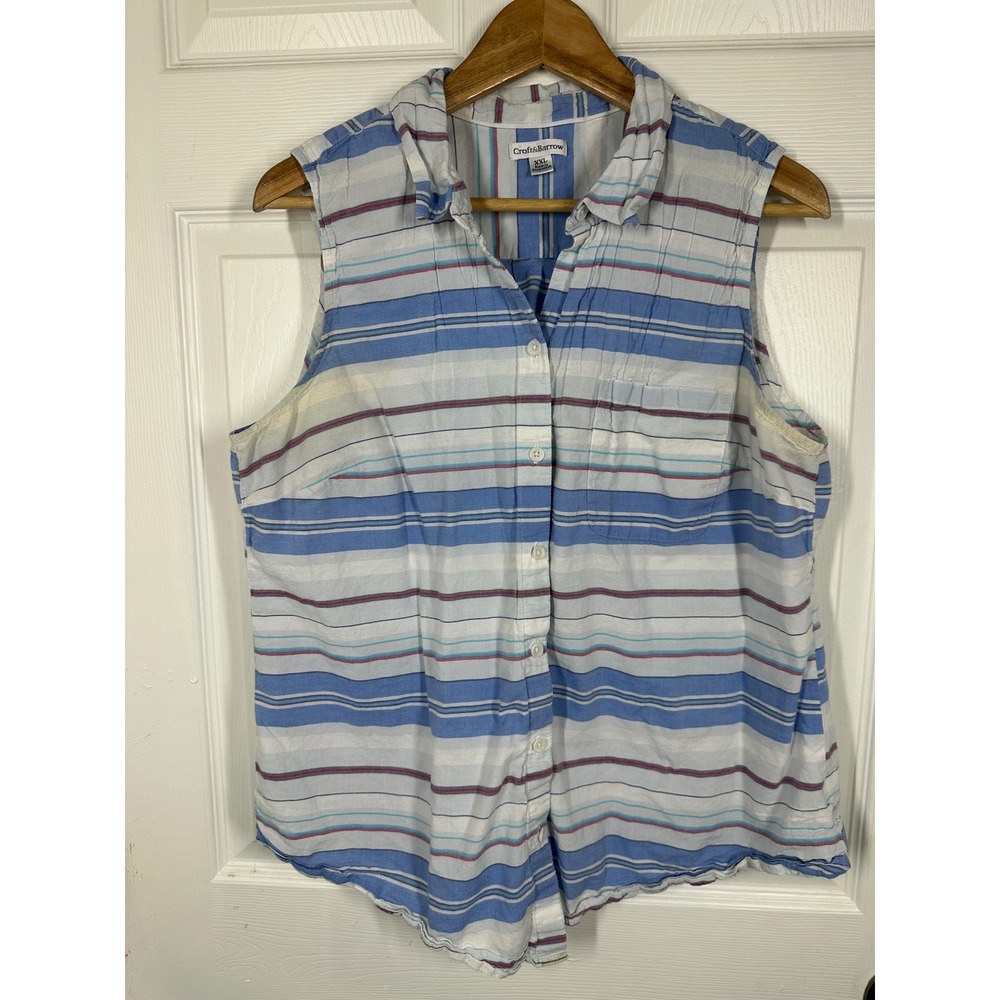 Croft & Barrow Top Women XXL Blue Striped Sleeveless Button Down Casual Shirt